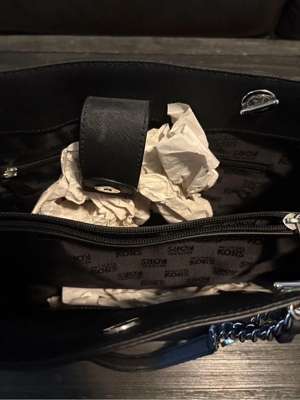 Michael Kors Black Saffiano Chain Tote with MK Charm